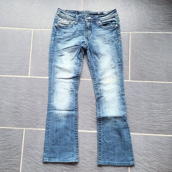 Miss Me Signature Rise Boot Cut Sequin & Embroidered Pockets Blue Denim Jeans 28 - Picture 7 of 16